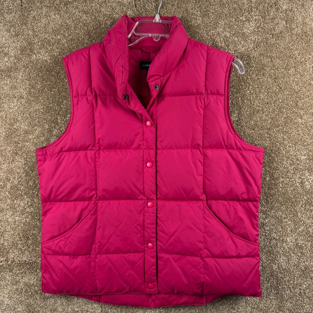 Lands End Womens Pink Quilted Goose Down Puffer Vest Size L 14-16 Snap Front